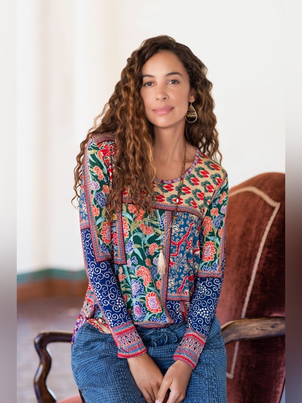 Jonny Was Jules Patchwork Print
Long Sleeve Top in Multicolor, Size XS.